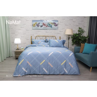Bộ Chăn Ga Gối Promodal Ô vuông chéo xanh